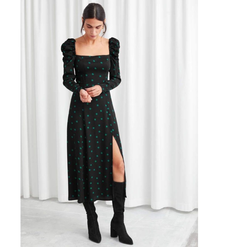 & Other Stories Black Fitted Polka Dot Long Sleeve Midi Dress Square Neck